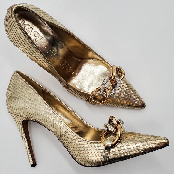 Karl Lagerfeld Shoes - Karl Lagerfeld Paris Rhinestone Chain Metallic Heels
